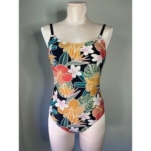 Hurley Swimsuit Black Floral Tropical Strappy Back One Piece Small